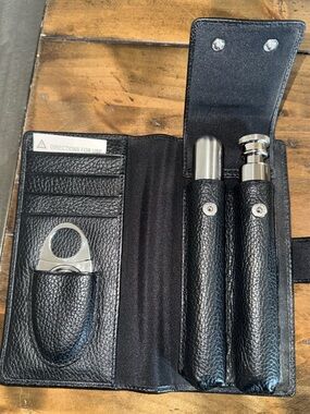 Black Leather Travel Cigar Case with Dual Tubes and Cutter